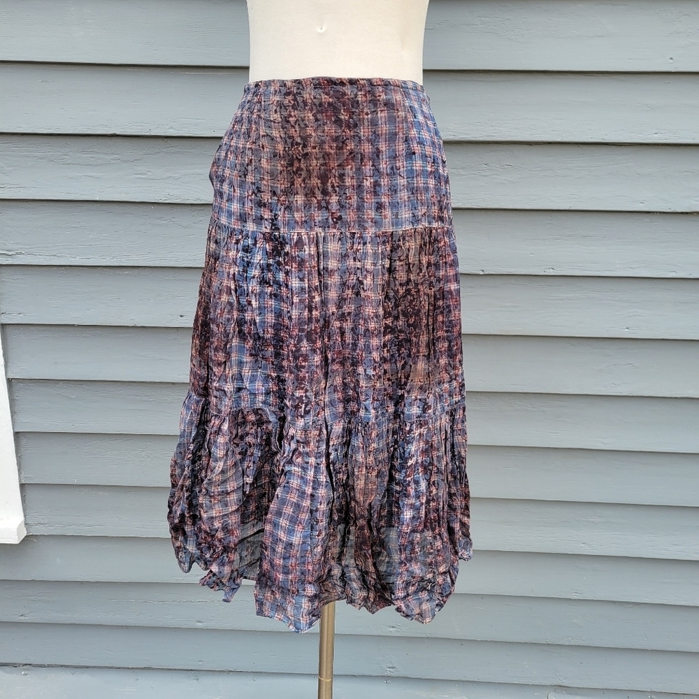 Peruvian Connection Flowy Summer Pleated Tiered Ruffle Floral Check Midi Skirt 8 - Picture 3 of 6